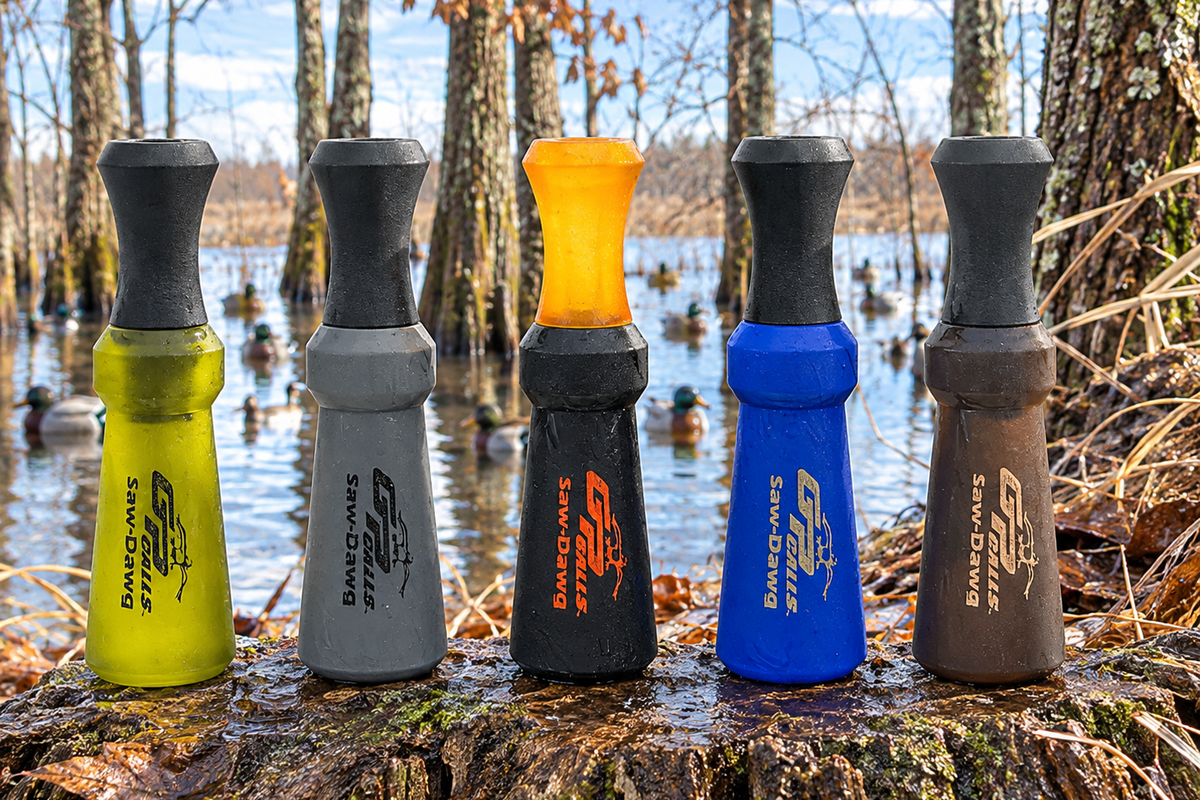 Five wet duck calls lined up in a cypress marsh